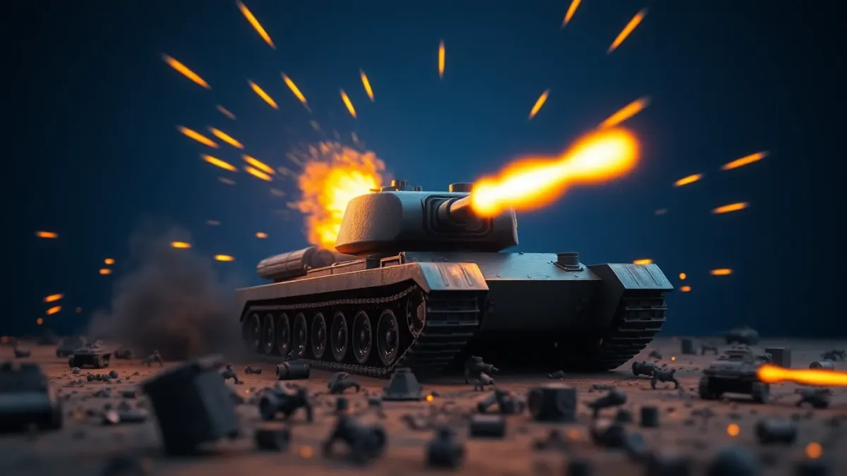 Tank firing a rapid stream of glowing bullets across a table-top battlefield