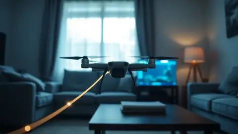 Small drone trailing a thin glowing wire toward a tank on a table
