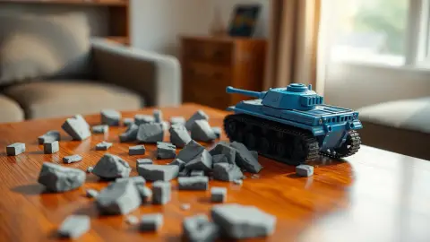 Small tank among rubble blocks on a table in a mixed reality battlefield