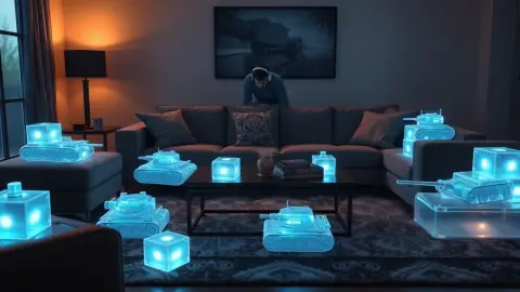 Player crouching behind a sofa while glowing tank blocks sit among real furniture