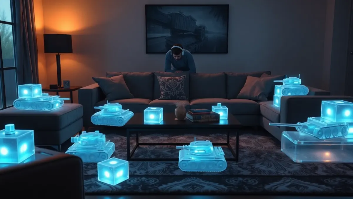 Player crouching behind a sofa while glowing tank blocks sit among real furniture
