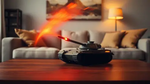 Curving glowing bullet homing in on a small tank on a coffee table