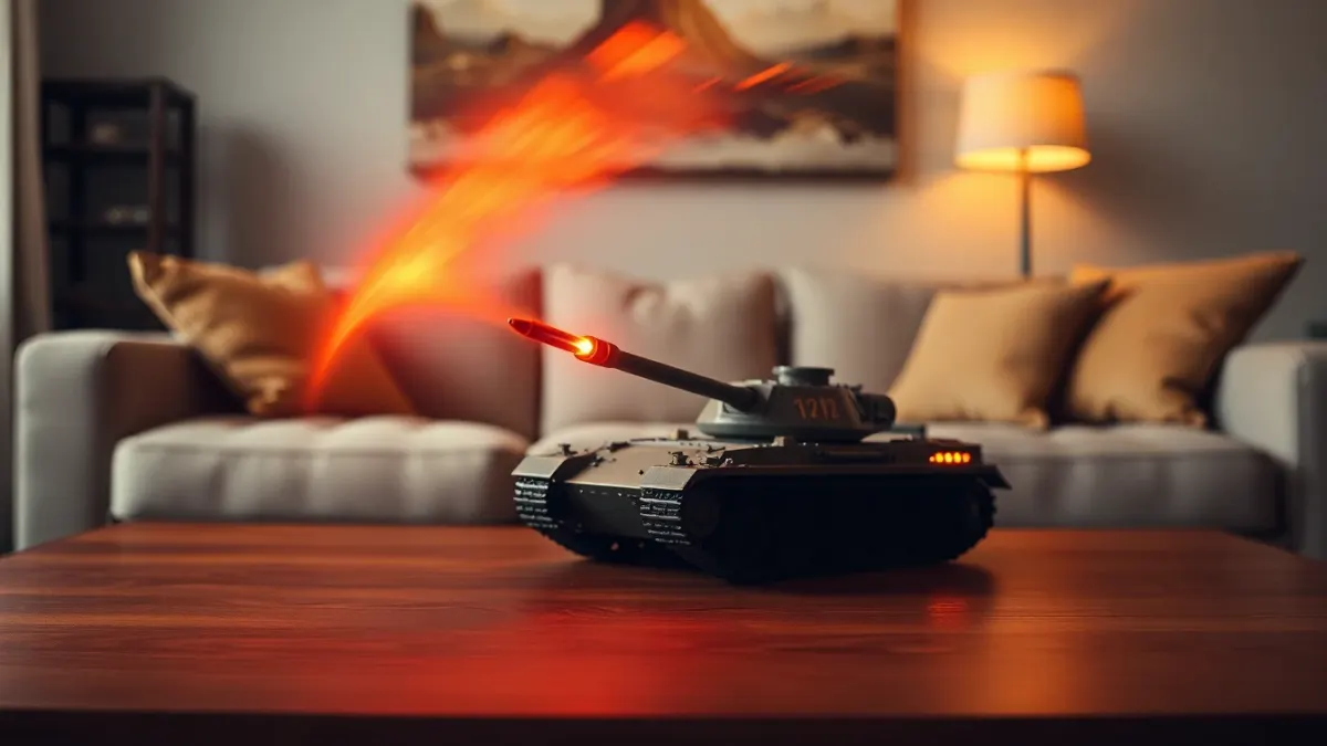 Curving glowing bullet homing in on a small tank on a coffee table