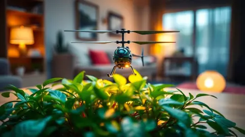 Helicopter hovering above green jungle blocks on a living room table