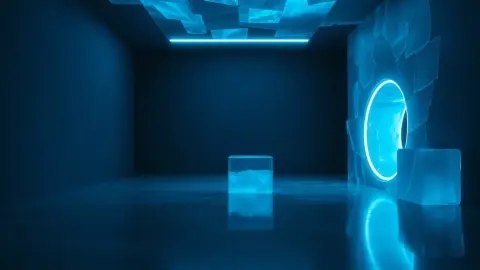 Small tank sliding across icy blocks with a glowing portal ring in a dim room