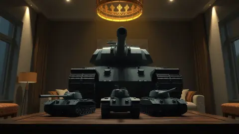 Oversized armoured tank towering over small tanks on a coffee table