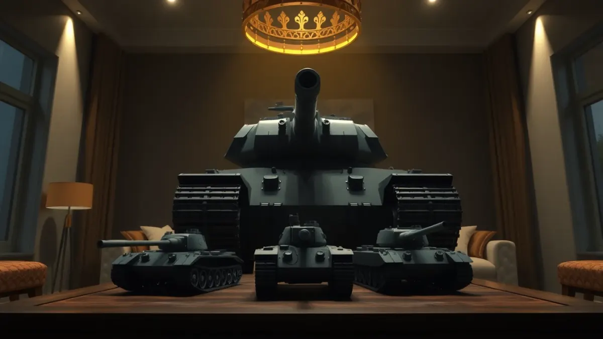 Oversized armoured tank towering over small tanks on a coffee table