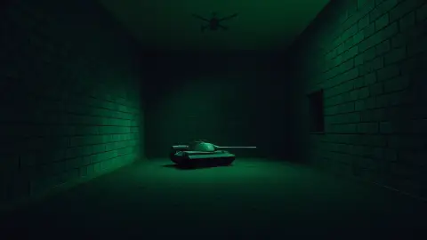 Narrow green block corridors with a small tank and helicopter in a living room