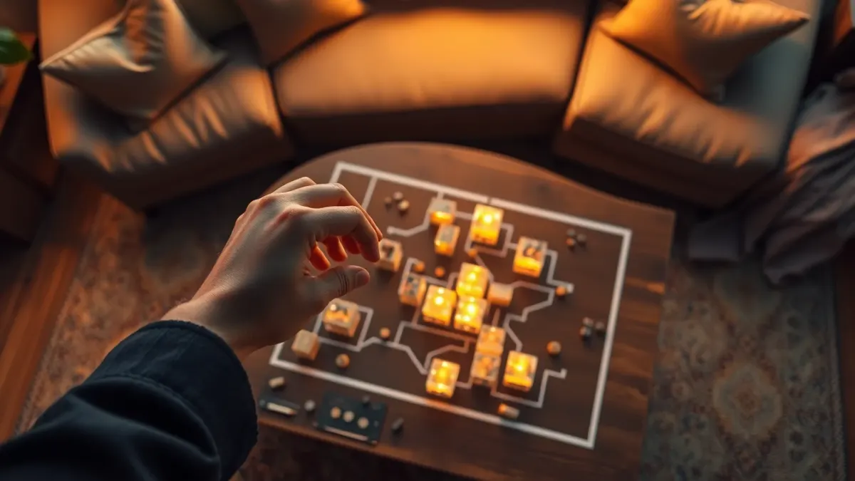 Hand placing glowing blocks on a coffee table to design a tank battlefield