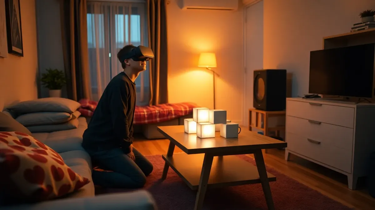 Person in a small apartment kneeling beside a coffee table with a glowing tank battlefield