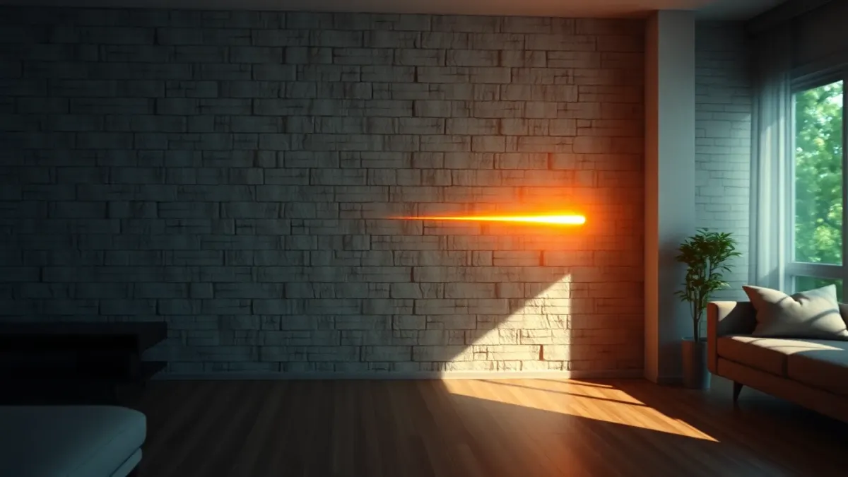 Glowing bullet trail bouncing off a wall in a living room corner