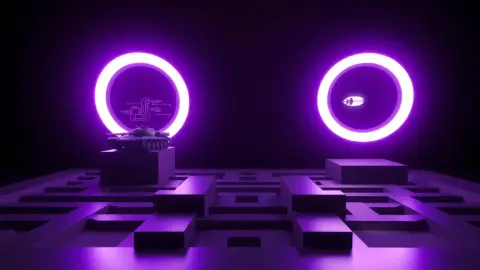 Two glowing violet portals on opposite sides of a block maze with a tank entering one