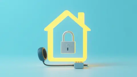 Glowing house with a padlock above a headset symbolising on-device privacy