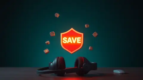 Glowing shield above a headset with floating coins and blocks representing saved progress