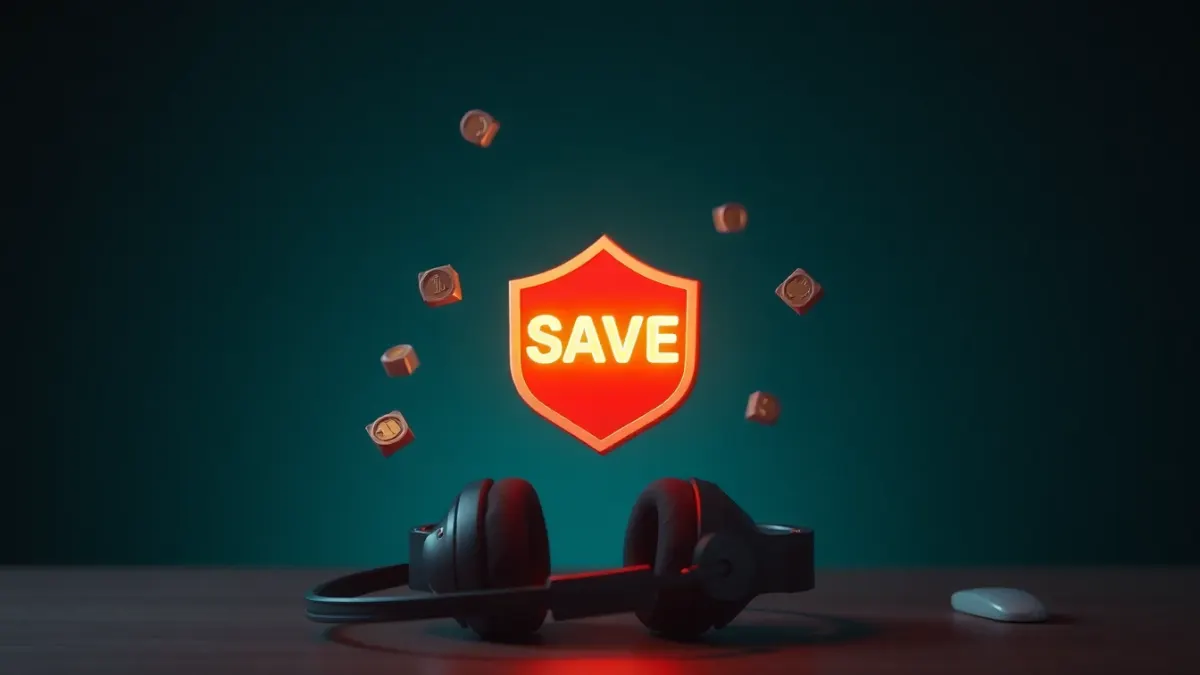 Glowing shield above a headset with floating coins and blocks representing saved progress