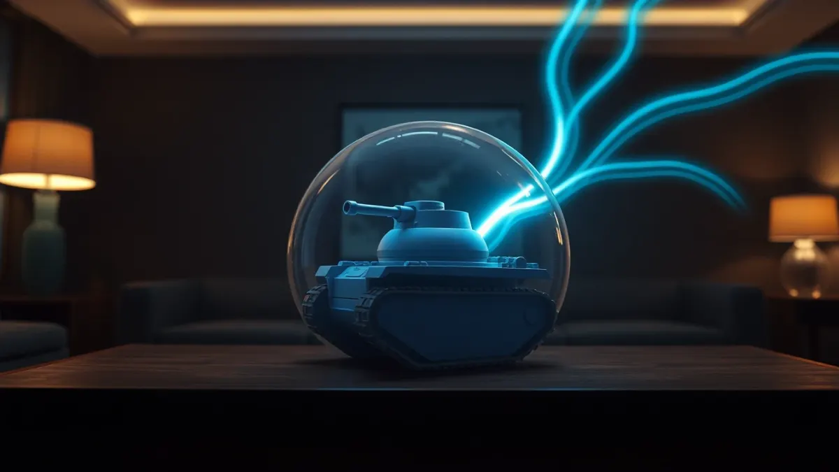 Blue tank inside a glowing shield bubble with speed streaks on a table
