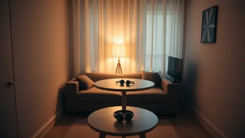 Compact studio apartment with a cleared table and headset ready for play