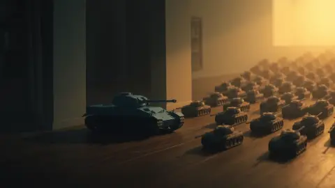 Small blue tank defending a corner as waves of enemy tanks advance across a floor
