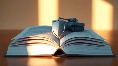 Open book with a floating shield and tank silhouette symbolising game terms