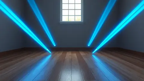 Three glowing bullets fanning out across a wooden floor in a living room