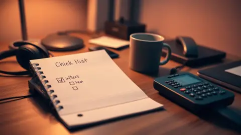 Desk with a headset, notebook checklist and mug, set up for troubleshooting