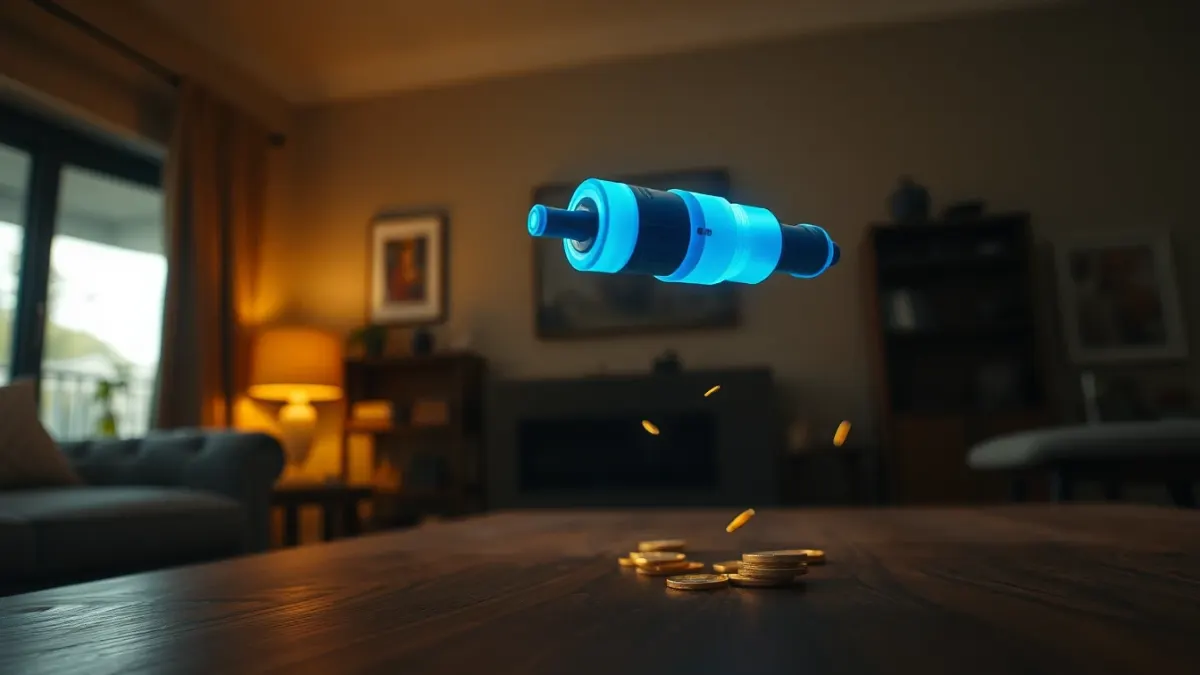 Glowing tank cannon with floating golden coins over a table in a dim room