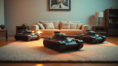 Miniature virtual tanks fighting around sofa cushions on a living room rug