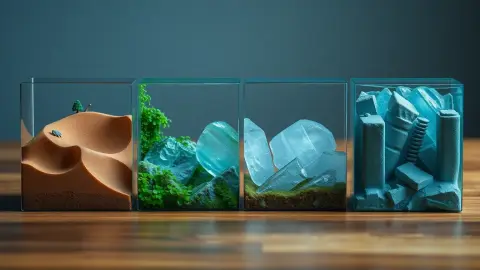 Four miniature dioramas of sand, jungle, ice and city rubble each with a tiny tank