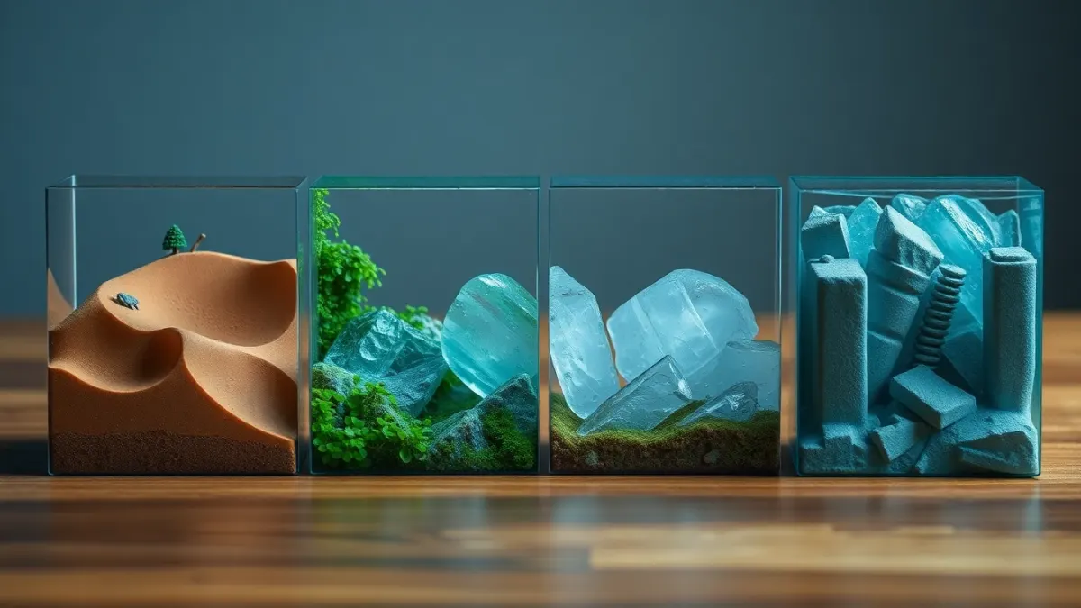 Four miniature dioramas of sand, jungle, ice and city rubble each with a tiny tank