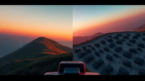 Side-by-side first-person tank view and overhead tactical view of tanks and blocks