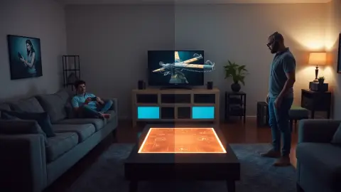 Living room split between a person with a gamepad facing a TV and the same person in a headset at a coffee table