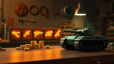 Tank on a workbench with glowing weapon parts and stacks of coins