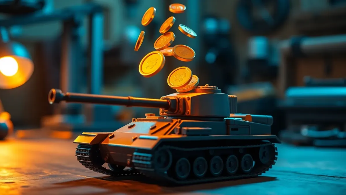 Toy tank on a workbench as glowing golden coins flow into its upgraded barrel