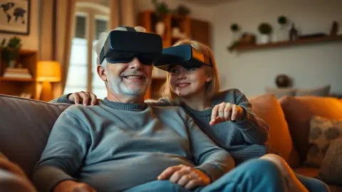 Older person trying a VR headset on a sofa with a family member beside them