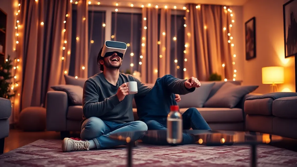 Couple enjoying a VR game night on the living room floor