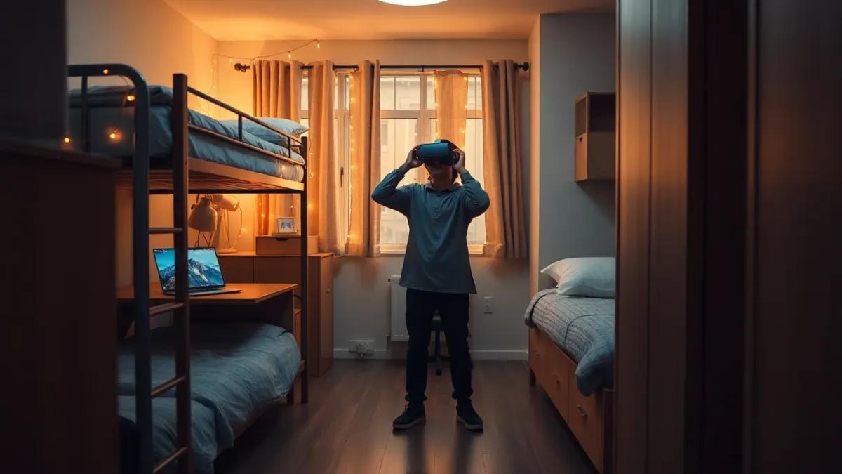 Student playing a VR game in a narrow clear space in a dorm room