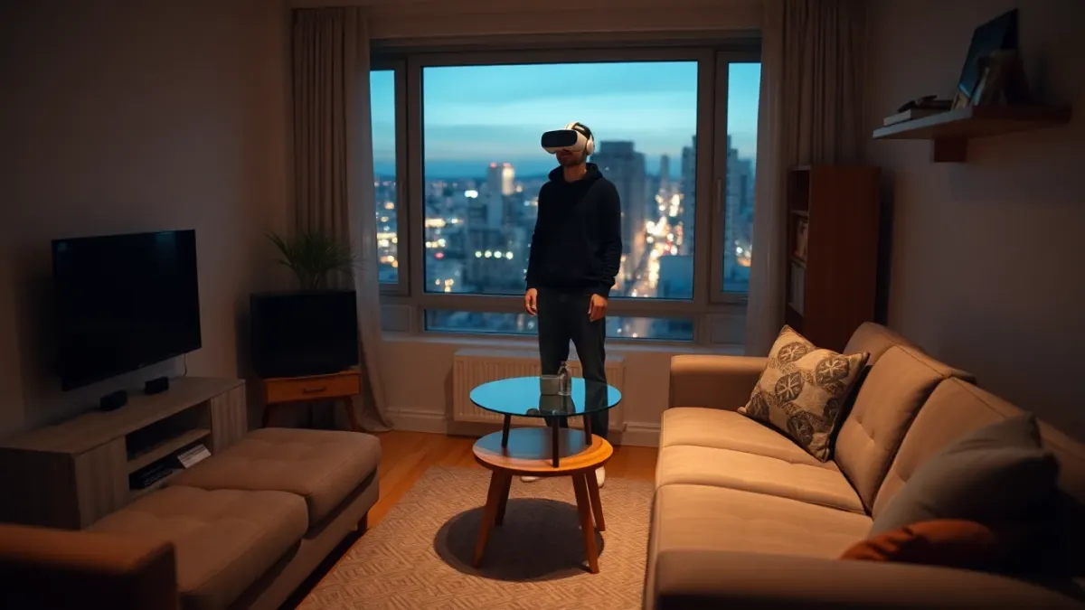 Person playing a VR game in a compact studio apartment