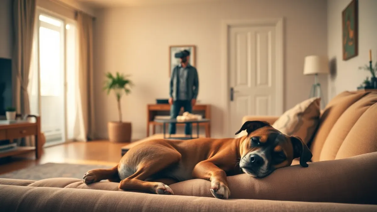 Dog resting on a sofa while a person plays VR near a coffee table