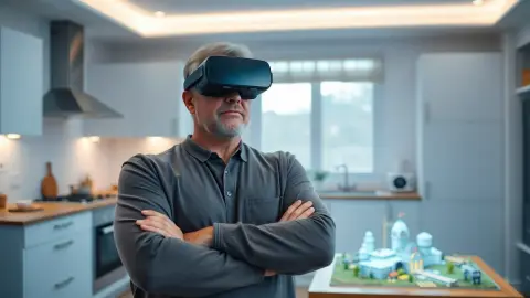 Sceptical person holding a VR headset in a bright home with a glowing miniature battlefield on a table