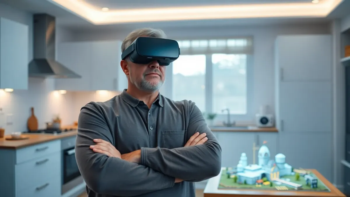 Sceptical person holding a VR headset in a bright home with a glowing miniature battlefield on a table