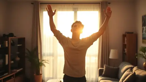 Person stretching their arms in a living room next to a headset on a shelf
