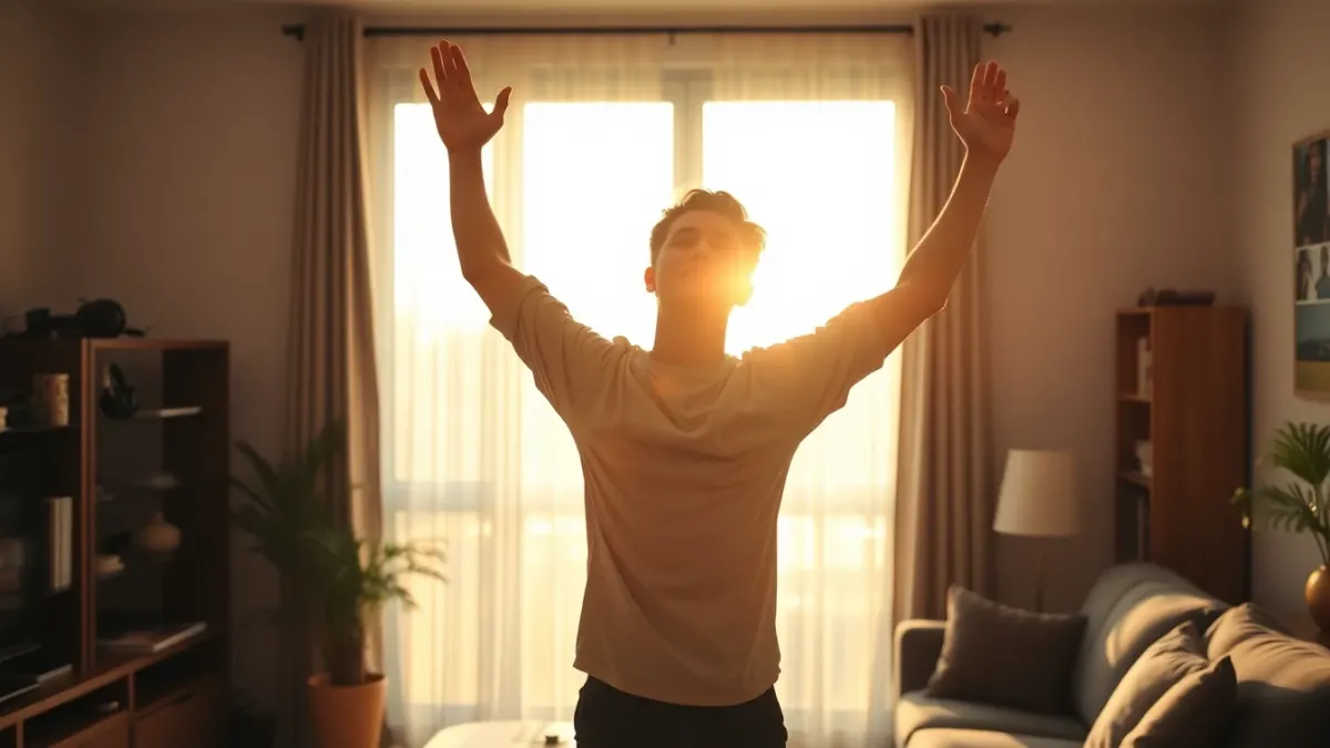 Person stretching their arms in a living room next to a headset on a shelf