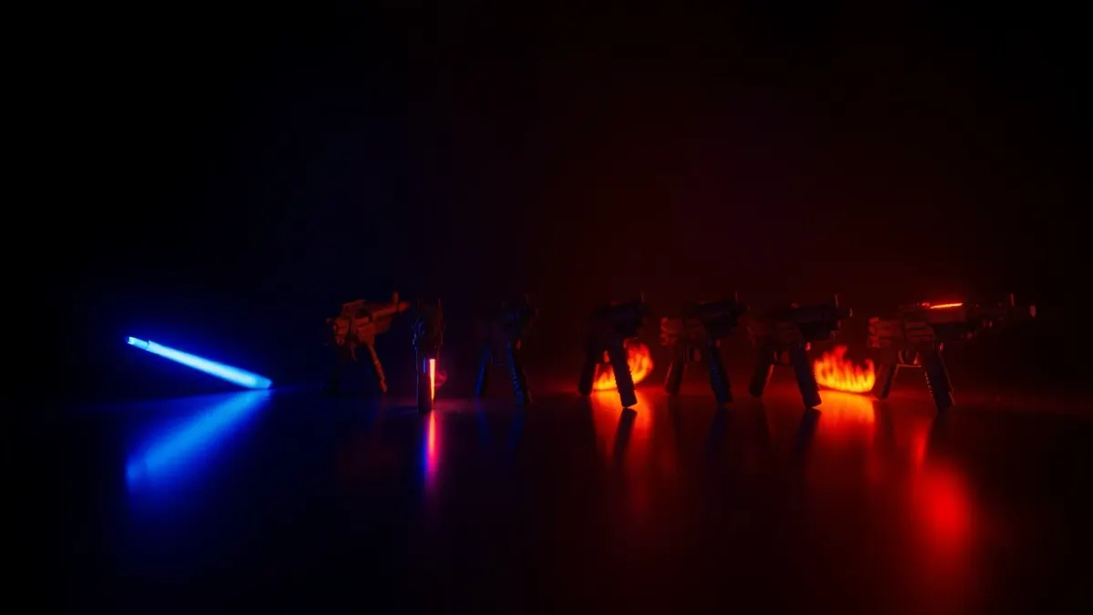 Six miniature glowing weapon models in a row with different colored energy trails