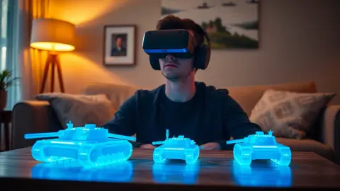 Player in a living room watching virtual tanks roll across a real coffee table through a headset