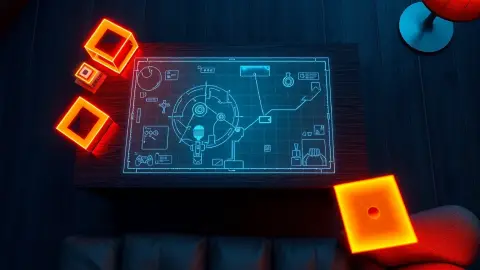 Glowing blueprint arena projected onto a coffee table with floating checklist icons