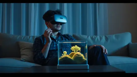 Person considering a purchase while a glowing tank hologram sits on the coffee table