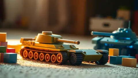 Vintage-style toy tank on a carpet beside building blocks and a faint glowing digital tank